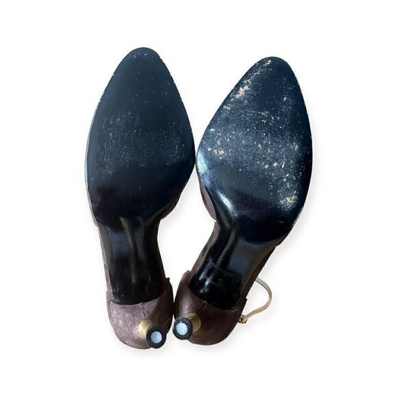 Charles Jourdan Brown Suede Ankle Strap Pumps With Gold Metal Heel, Size 8 1/2 - Picture 12 of 15